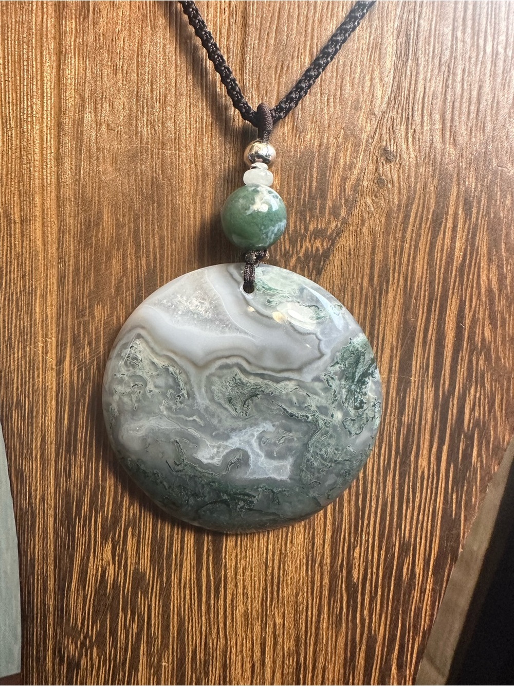 Large Round Moss Agate Pendant Necklace with Jade on Brown Adjustable Rope